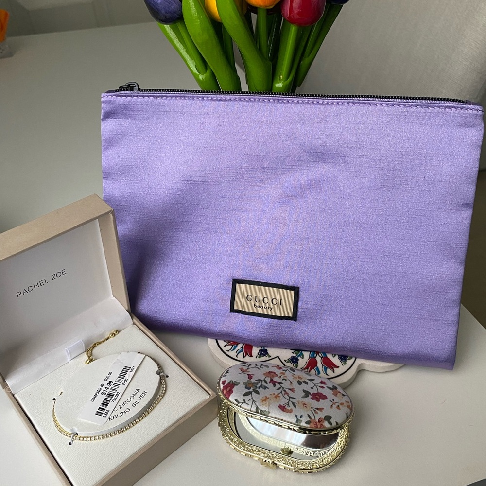 GUCCI beauty bag purple cosmetic NWT Rachel Zoe tennis bracelet & floral mirror
